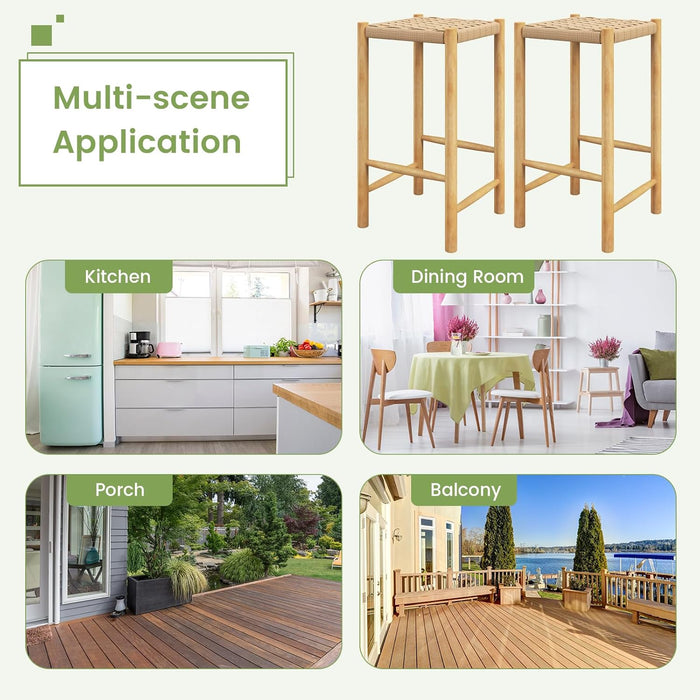 26" Counter Height Wood Bar Stools Set of 2, Boho Rattan Barstools, Max Load 330 Lbs, Armless Saddle Kitchen Stools, Backless Wicker Bar Stools for Kitchen Counter Indoor Outdoor