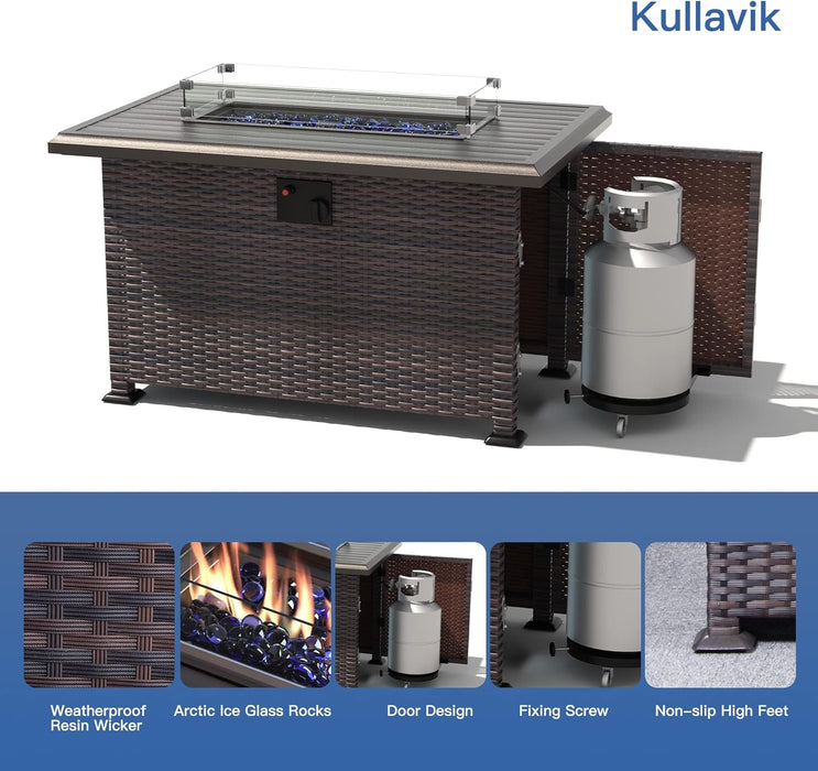 13PCS Outdoor Patio Furniture Set with 43" 55000BTU Gas Propane Fire Pit Table PE Wicker Rattan Sectional Sofa Patio Conversation Sets,Khaki