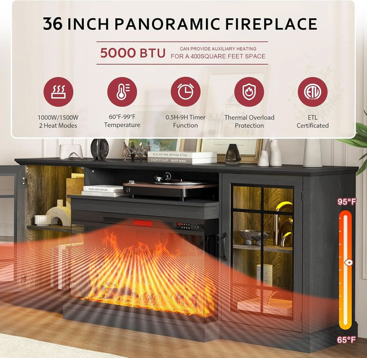 80" Fireplace TV Stand with 3-Sided Glass, TV Cabinet for Tvs up to 90", Modern Media Entertainment Center with Farmhouse Glass Door Storage Cabinets, for Living Room, Black