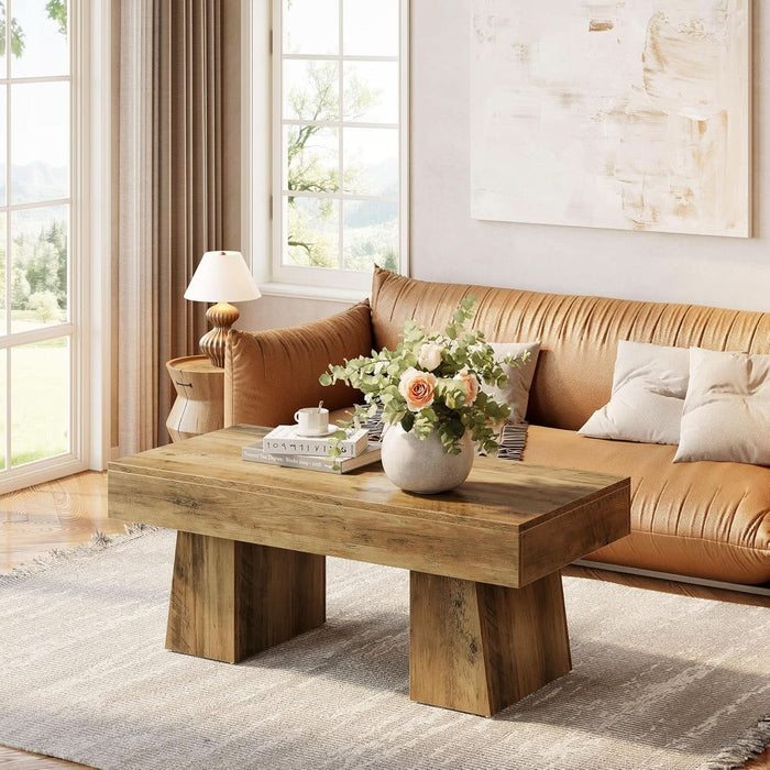 Farmhouse Coffee Table, 47 Inches Wooden Rectangular Accent Center Tables with Thick Base, Modern Low Cocktail Tea Furniture for Living Room (Rustic Brown)