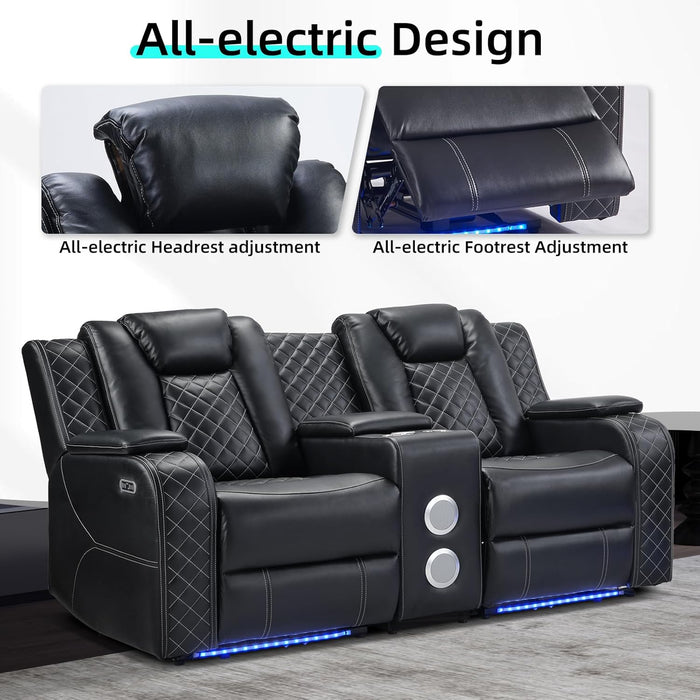 Home Theater Seating Seats, Power Loveseat Recliner Sofa with Center Console, Game Movie Reclining Couch with Ambient Lighting, Cup Holder, USB Ports, Bluetooth Speakers for Living Room, Black