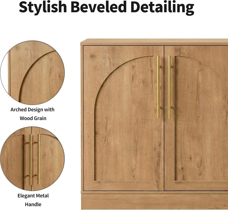 Storage Cabinet, Freestanding Sideboard Buffet Cabinet with Arched Design, Adjustable Shelves Wooden Cabinet Ideal for Coffee Bar, Living Room (Oak, Single)
