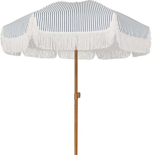 7Ft Patio Umbrella with Fringe Outdoor Tassel Umbrella UPF50+ Premium Steel Pole and Ribs Push Button Tilt, Navy Blue Stripes