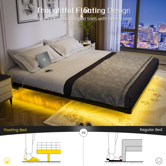 King Size Floating Bed Frame, Metal Platform, with LED Light and Charging Station, No Box Spring Needed, Noise-Free, Easy Assembly