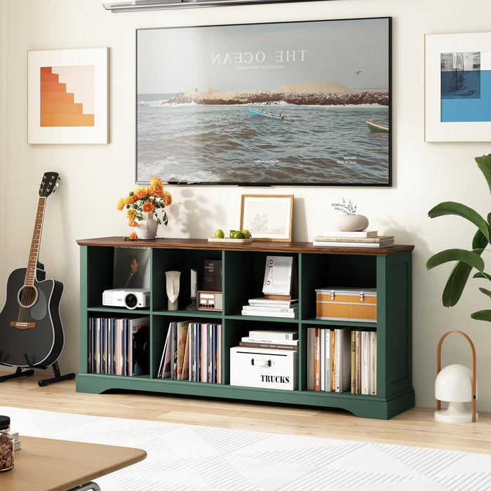 8 Cube Storage Organizer, 62" Long Low Horizontal Bookshelf, Green | 3 Tier Horizontal Bookcase, Wood Open Book Shelf, Farmhouse Cubby Storage, Wide Console Cabinet, Living Room, Entryway,Office