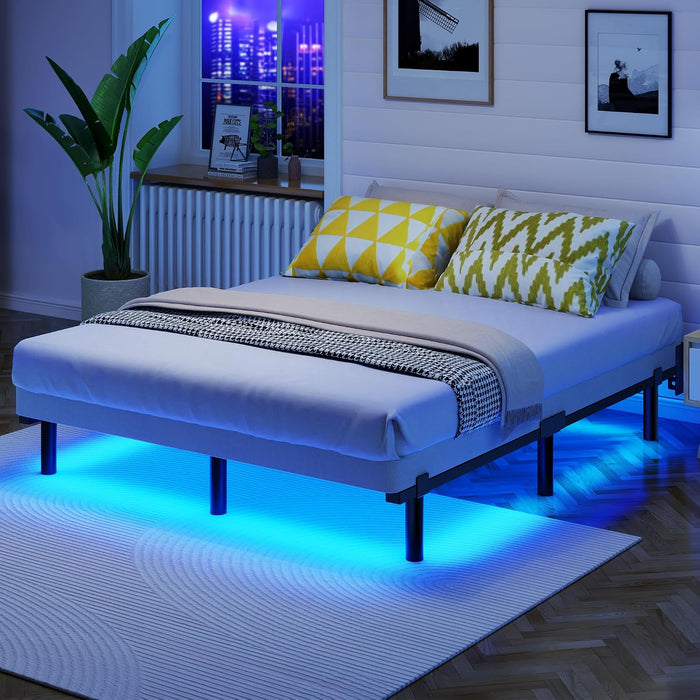 Full Bed Frame with LED Lights, 7 Inch Heavy Duty Metal Base for Box Spring