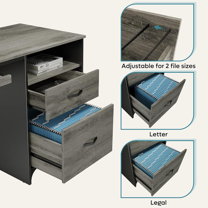 Office Desk with Drawers, 55 Inch Industrial Computer Desk with Storage, Wood Teacher Desk with Keyboard Tray & File Drawer for Home Office, Dark Gray Oak