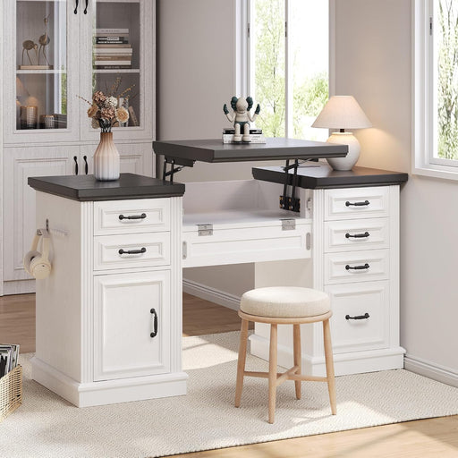 57" Lift Executive Desk with Drawers, Farmhouse Home Office Desk with File Cabinet Storage, Computer Desk with Charging Station & Headphone Hook for Work/Study/Writing (White & Black, Lift)