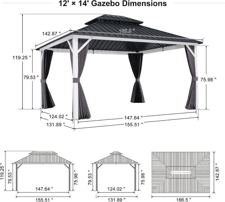12x14 White Aluminum Frame Hardtop Gazebo Curtains
