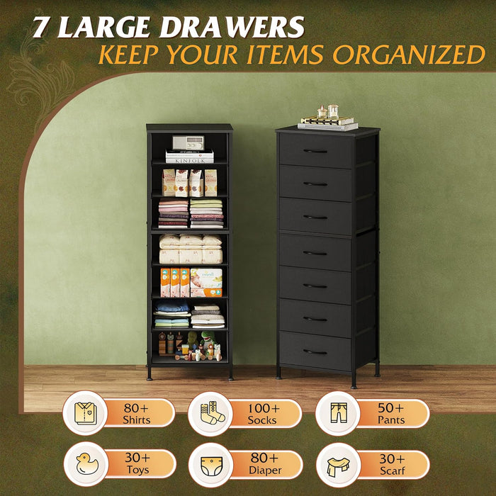 Black Tall Dresser for Bedroom, 7 Drawer Dressers & Chests of Drawers, Fabric Dresser for Closet, Living Room, Night Stand with Metal Frame, Storage Tower with Fabric Bins, Wood Top