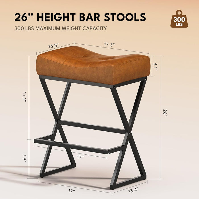 Counter Height Bar Stools Set of 2, Backless 26" Saddle Barstools, Brown