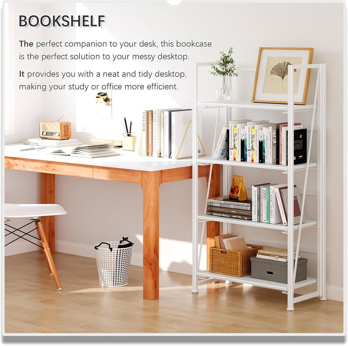 No Assembly Folding Bookshelf Storage Shelves 4 Tiers Vintage Bookcase Standing Racks Study Organizer Home Office (All White)