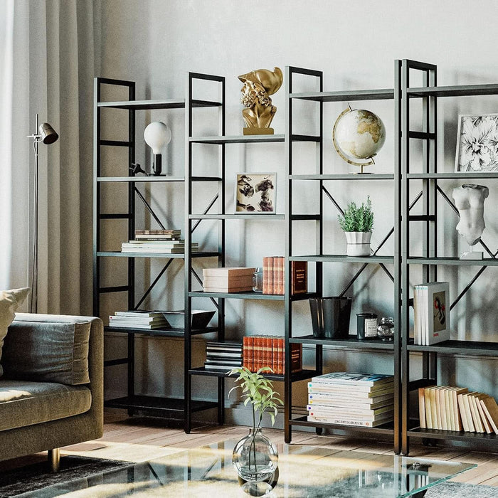 Bookcases and Bookshelves Triple Wide 5 Tiers Industrial Bookshelf, Large Etagere Bookshelf Open Display Shelves with Metal Frame for Living Room Bedroom Home Office