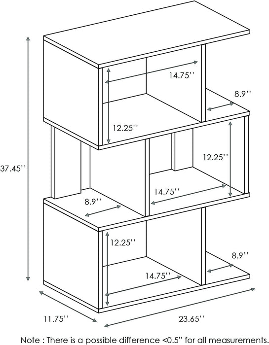 SIMPLY Book Shelf, 3-Tier Geometric Bookshelf, S-Shape Bookcase with Open Shelf, 11.8" X 23.6" X 37.3", for Organization and Storage, for Living Reoom, Bedroom, Home Office, Espresso