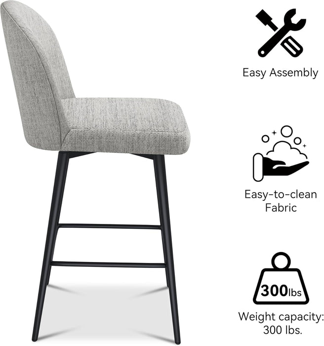 Counter Height Bar Stools Set of 3, 26 Inch Upholstered 360°Swivel Barstools with Back and Metal Legs, Linen Fabric Counter Stools for Kitchen Island, Dining Room, Pub, Light Grey