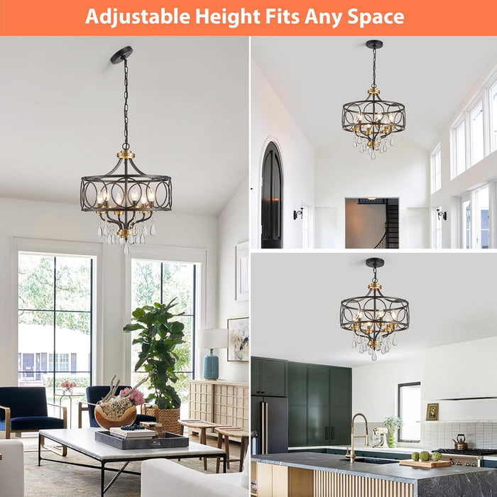 Crystal Chandeliers for Dining Room,17.7" Black and Gold 6 Lights Hanging Pendant Lighting Fixture Metal Farmhouse Chandelier for Kitchen Island Entryway Living Room