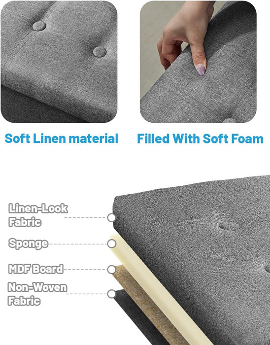 Storage Ottoman Foot Rest, Folding Linen Cotton Ottoman with Storage with Side Pockets and Handle, Foot Stool for Lounge, Study Corner, Home Office, 17X17X13 Inches, Dark Gray