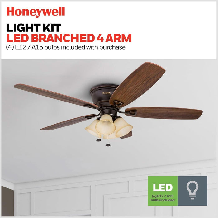 Ceiling Fans Glen Alden, 52 Inch Classic Flush Mount Indoor LED Ceiling Fan with Light, Pull Chain, Quick-2-Hang Dual Finish Blades, Reversible Motor - 50183 (Oil Rubbed Bronze)