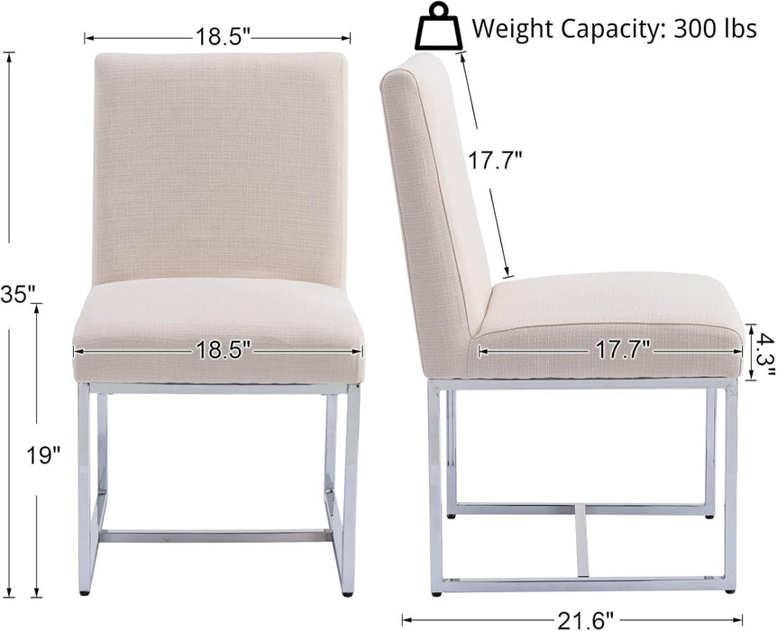 Upholstered Modern Dining Chairs Set of 2 Linen Mid Century Dining Room Chairs Armless Side Chair Comfy Kitchen Chairs with Chrome Metal Base for Living Room/Kitchen,Cream,2Pcs