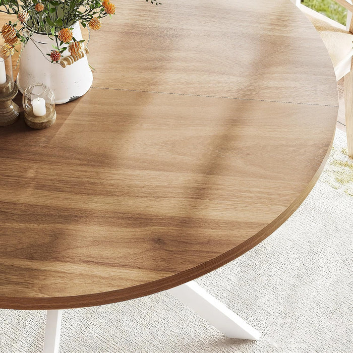 47.2 Inch round Dining Table for 4 | Farmhouse Wood Kitchen Table, Circle Dinner Table for Kitchen & Dining Room, Walnut & White