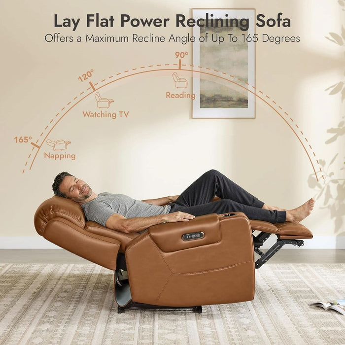 Genuine Leather Power Loveseat Recliner Sofa, Lay Flat Loveseat Reclining Sofa with Power Headrest, Cup Holders, USB & Type-C Ports, Dual Recliners for Living Room, Saddle Brown