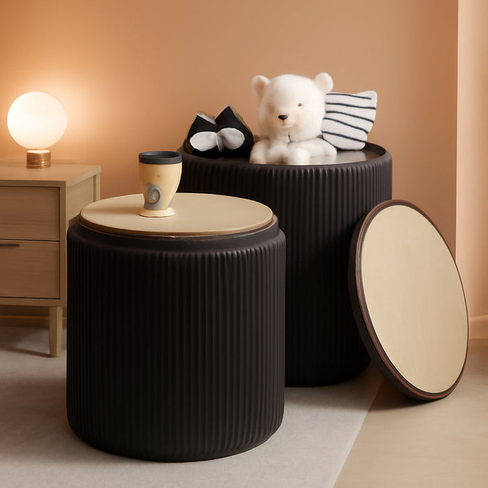 round Ottoman with Storage Set of 2, Velvet Nesting Ottoman for Living Room,Bedroom,Dorm,Rv, Flip-Up Lid Coffee Table, Upholstered Makeup Vanity Stool,Multifunctional Foot Rest 330Lbs Load Black