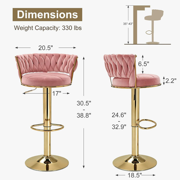 Bar Stools Set of 2, Adjustable Barstools Counter Height Stools with Back and Arm, Velvet Woven Kitchen Island Stools W/Gold Metal Leg Base, 360° Swivel Bar Chair, Pink