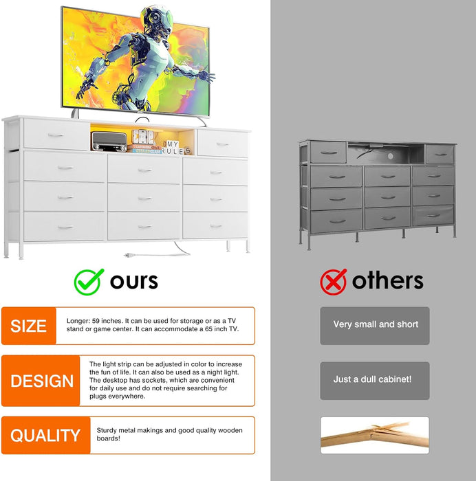 Long Dresser for Bedroom with Charging Station and LED Lights, White Dresser TV Stand with 11 Drawers, Fabric Chest of Drawers with PU Finish for Bedroom, Living Room, Entryway