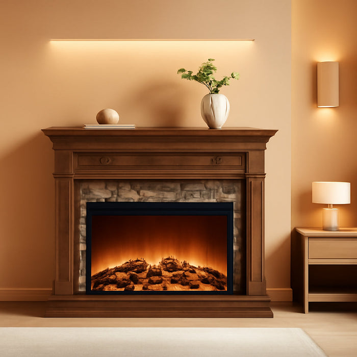 52" Farmhouse Electric Fireplace TV Stand with Mantel & Cabinet, 36" Freestanding Electric Fireplace Heater with Remote Control, Adjustable 3D Flame Effect, Brown