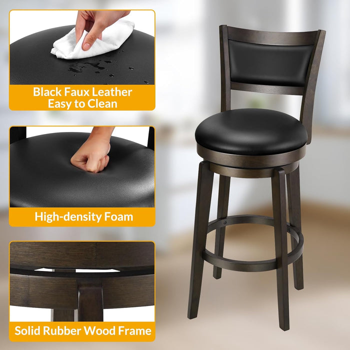 Swivel Bar Stools Set of 2, 24 Inch Counter Height Barstools, Black Faux Leather Bar Stool with High Backrest & Solid Wood Legs & Wrap-Around Footrest, Counter Stools for Kitchen Island, Pub
