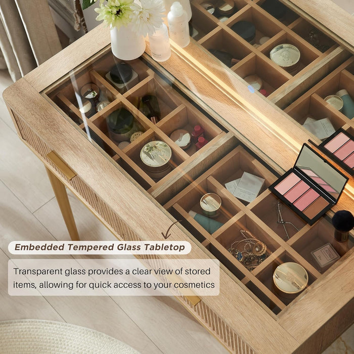 Fluted Makeup Vanity Desk with 36" HD Lighted Mirror, 48" Big Modern Vanity Desk with Mirror and Lights, Dressing Table with 5 Drawers & Shelves, Glass Top for Bedroom (Natural Oak)