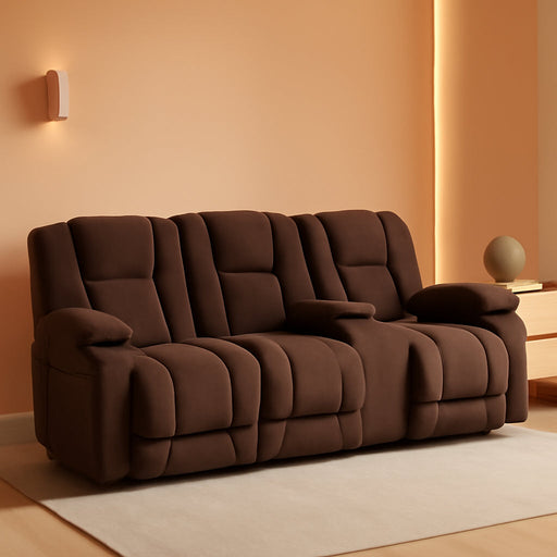 Power Reclining Sofa with Heat and Vibration,Usb Ports, Cup Holders,3-Seat Dual Recliner Sofa with Console for Living Room 6035 (Brown)