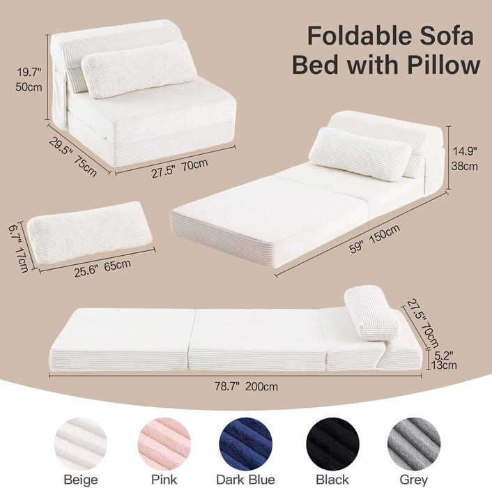 Beige Upholstered Folding Sofa Bed Convertible Floor