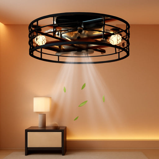 Black Caged Ceiling Fan Featuring Remote Control Lighting