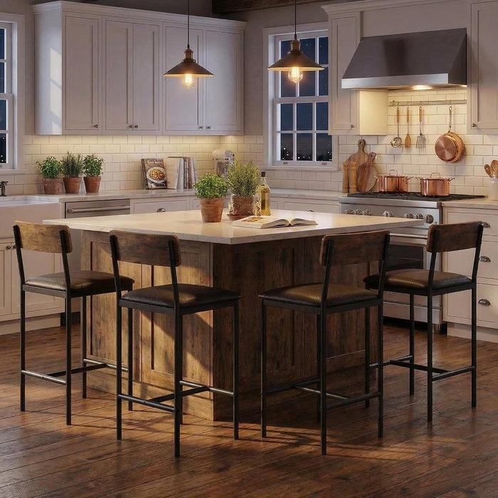 Bar Stools Set of 2, Kitchen Bar Stools with Footrest, 25.5 Inches Upholstered Bar Chairs with Back, 2 Counter Height Barstools for Counter Bar, Island, Easy Assembly, Rustic Brown