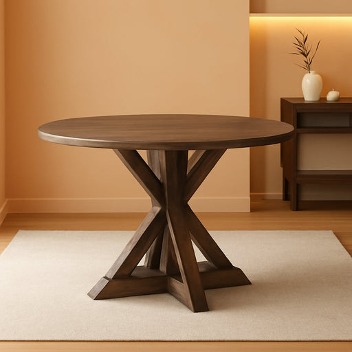 Alfred round Solid Wood Rustic Dining Table for Farmhouse Kitchen Room Decor, Wooden Trestle Pedestal Base, 46.5" Wide Circular Tabletop, Distressed Brown