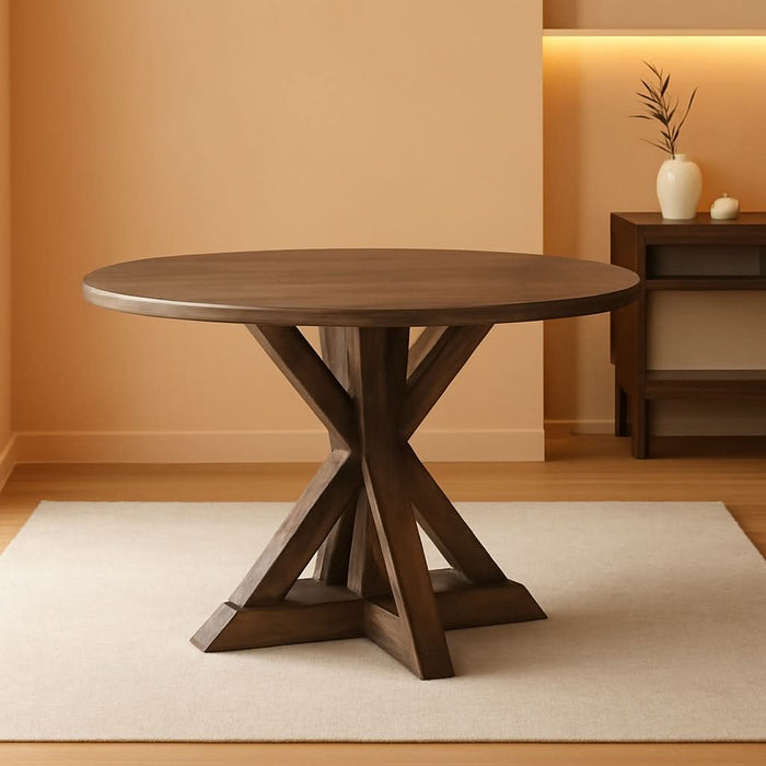 Alfred round Solid Wood Rustic Dining Table for Farmhouse Kitchen Room Decor, Wooden Trestle Pedestal Base, 46.5" Wide Circular Tabletop, Distressed Brown