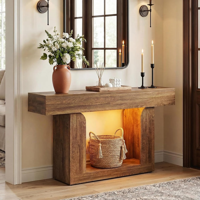 Console Table, 47" Entryway Table with LED Lights & Charging Station, Farmhouse Wooden Sofa Table behind Couch, Narrow Hallway Table for Living Room, Foyer, Entry, Rustic Oak
