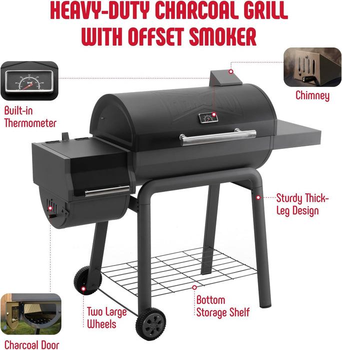 BBQ Charcoal Grill with Offset Smoker Grill and Side Table, 30-In Heavy-Duty Outdoor BBQ Grill with 832 Sq. In. Cooking Space for Outdoor Barbecue in Backyard, Patio and Parties, Black