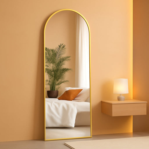58"X18" Arched Full Length Mirror with Stand, Full Body Mirror with Aluminum Frame, Freestanding/Leaning/Wall-Mounted, Floor Mirrors for Bedroom, Living Room, Entryway, Dressing Room, Gold