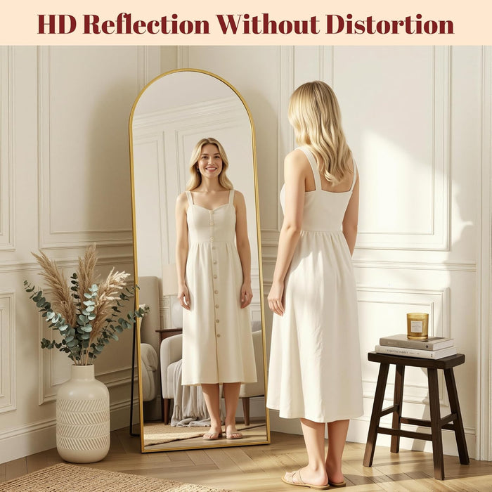 58"X18" Arched Full Length Mirror with Stand, Full Body Mirror with Aluminum Frame, Freestanding/Leaning/Wall-Mounted, Floor Mirrors for Bedroom, Living Room, Entryway, Dressing Room, Gold