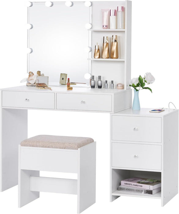 Makeup Vanity Desk with Mirror & 10 LED Lights Big Vanity Set with Charging Station, Nightstand, Drawers, Storage Shelves, Stool, Bedroom Dressing Table for Women Girls White UBDT13W