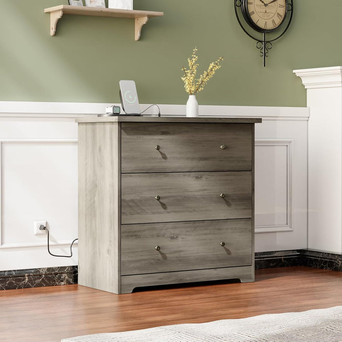 3 Drawer Dresser with Charging Station, Small Dresser Grey Chest of Drawers, 31.5" W Gray Wood Dressers for Bedroom, Living Room, Hallway, Home Office, 15.75" D X 31.5" W X 31.5" H