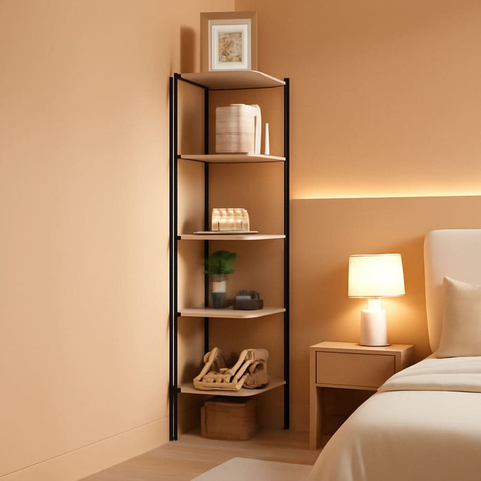 Corner Shelf Stand, Corner Bookshelf, Storage Standing Shelf Unit with Metal Frame, Plant Stand, Corner Bookcase for Living Room, Home Office, Bedroom, 6-Tier Greige CS06005B