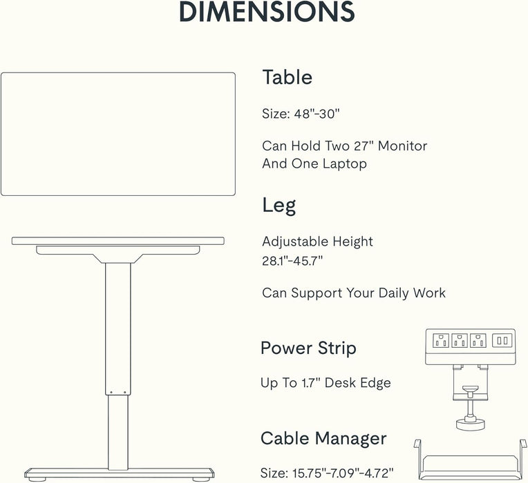 FLEXISPOT EN2 48"X30" Whole-Piece Standing Desk with Power Strip, White