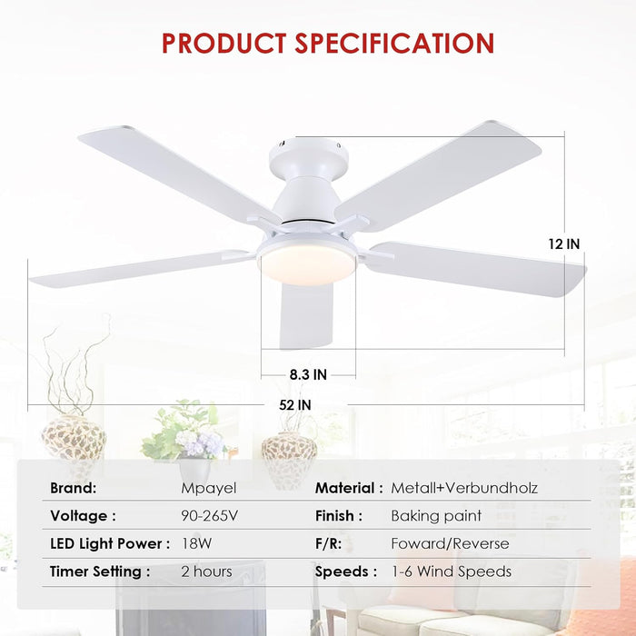 Ceiling Fans with Lights- 52" RGB Low Profile Indoor Ceiling Fan with Light and Remote/App Control, Flush Mount, LED Dimmable DC Reversible Modern Ceiling Fan for Bedroom（White）