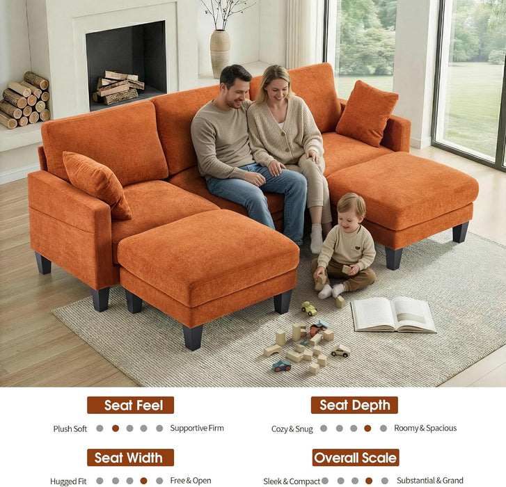 OneHundredInch UShaped Sofa Plush Chenille Ottoman Orange