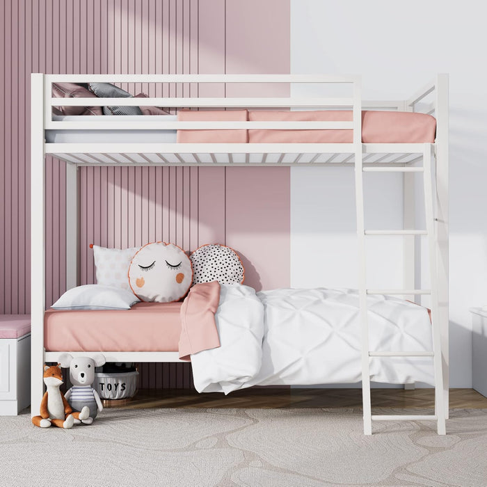 Loft Bunk Bed Twin over Twin Size with Ladder and Guardrail,Heavy Duty Metal Slats Support No Box Spring Needed Small Space Saving Furniture for Bedroom Dorm,White