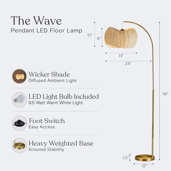 Wave Arc Floor Lamp - Chic Standing Lamp with Unique Hanging Wicker Pendant Shade for Living Room, Boho Rattan Natural Decor Lamp, Arcs over Sofa, Bedroom & Office Desk for Reading - Brass