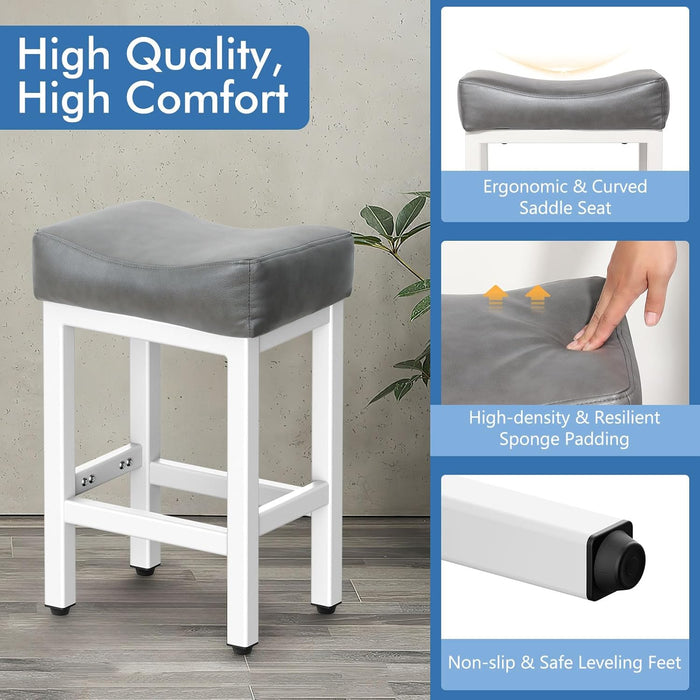 Counter Height Bar Stools Set of 2, 24 Inch Barstools for Kitchen Island Counter, Bonded Leather Kitchen Stools with Thick Saddle Seats & Heavy Duty Metal Base, Easy Assembly, Gray/White